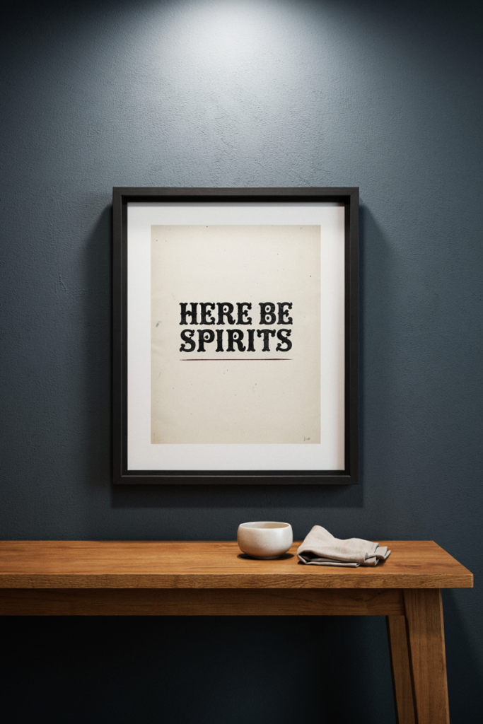 Framed parchment print reading Here Be Spirits in Victorian type above an oak console