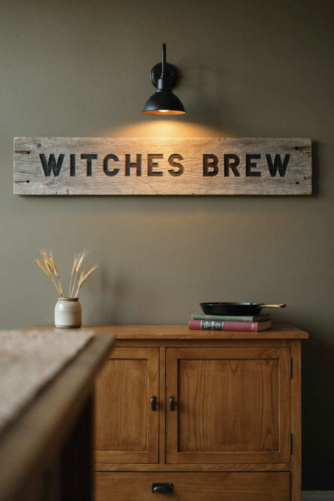 Reclaimed cedar plank with Witches Brew routed and painted black above a sideboard