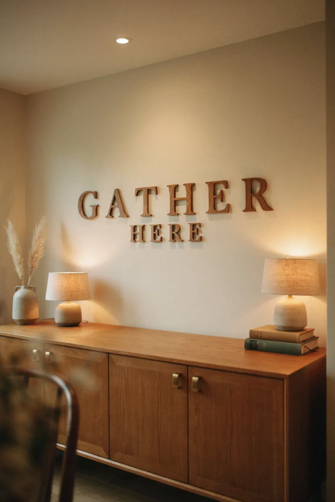 Walnut letters reading Gather Here on a cream dining wall above a sideboard
