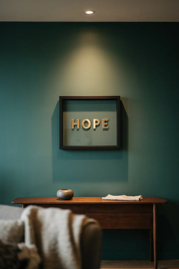 Brass letters spelling Hope floating in a glass frame on a deep green wall