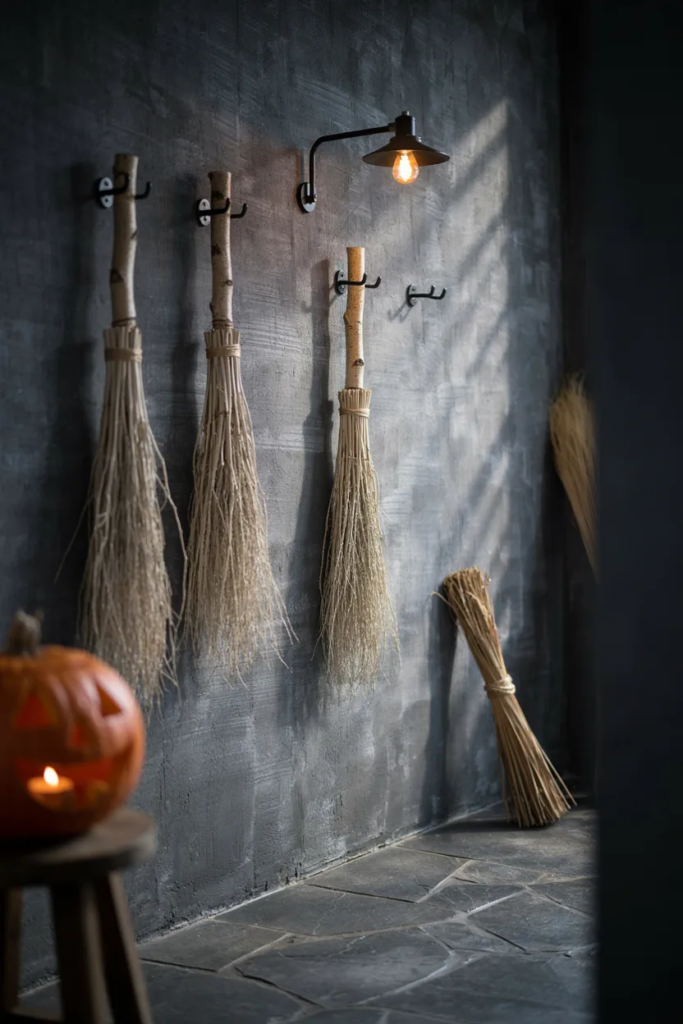 Three birch twig witch brooms hung on forged iron hooks against a charcoal limewash hallway wall