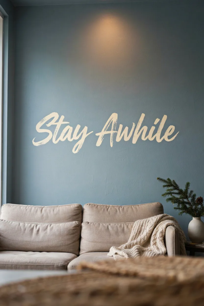 Cream hand-painted script reading Stay Awhile on a dusty blue wall above a sofa