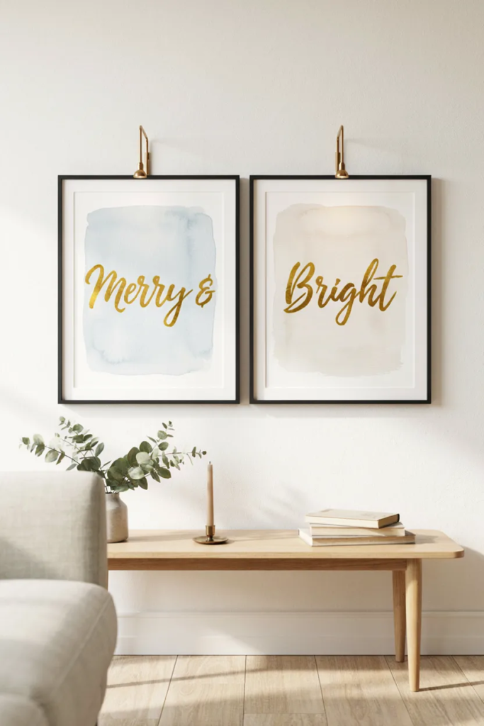 Two framed gold foil prints reading Merry & and Bright over a watercolor sky wash