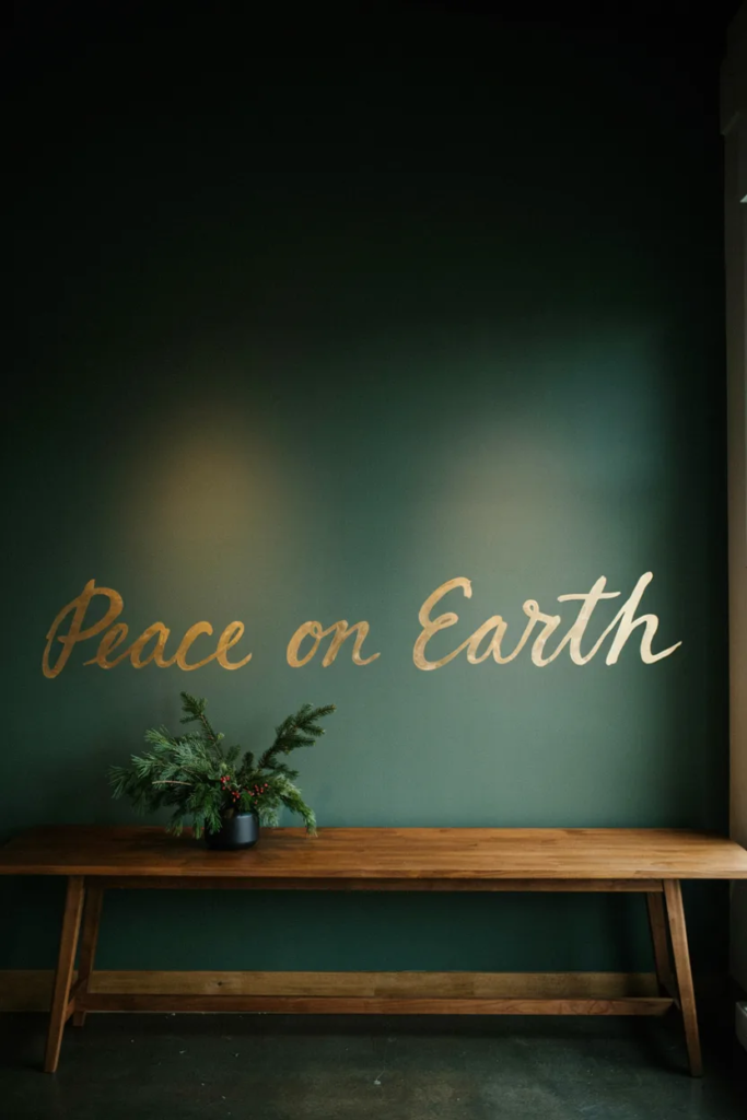 Brass script lettering reading Peace on Earth on a deep green wall above a console