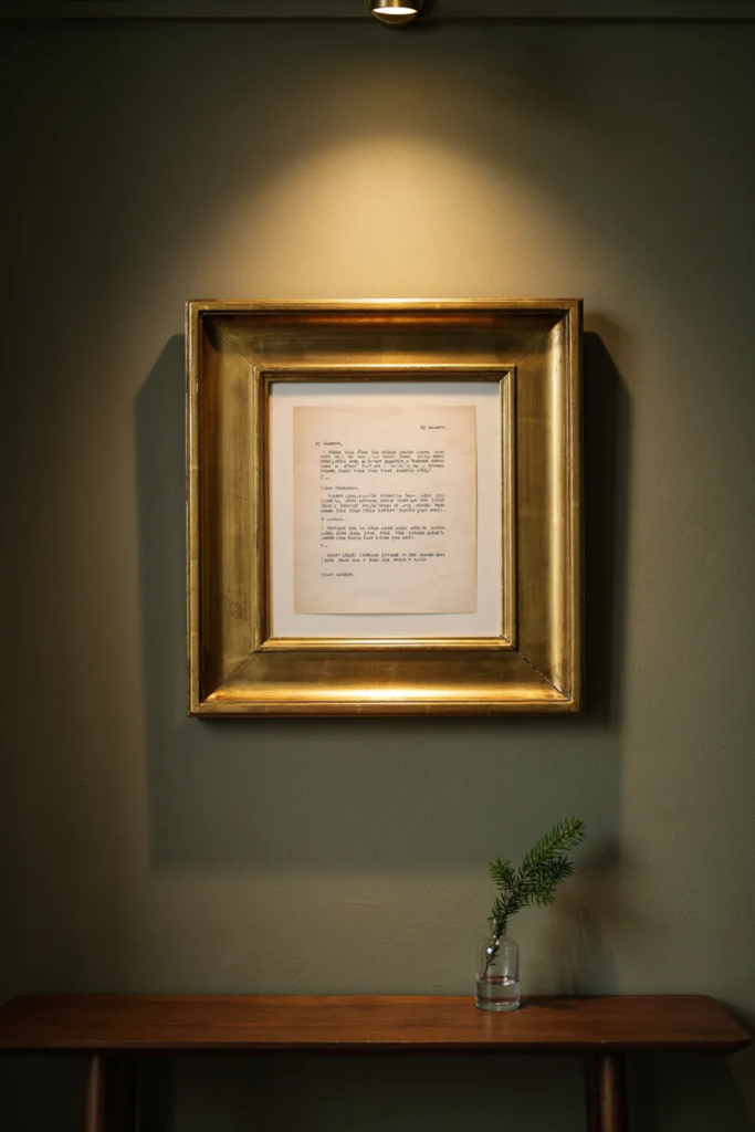 Typewritten letter on tea-stained paper in a gilded frame above a narrow hall table
