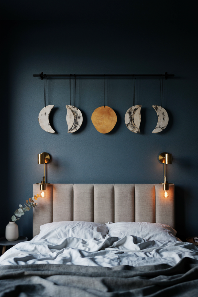 Five wooden moon phase discs with an ochre harvest moon hung above a bed on a midnight wall