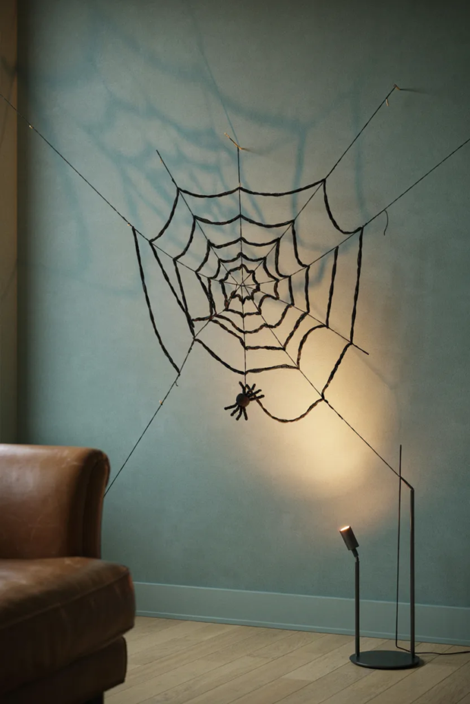 Black yarn spiderweb on a sage wall with a small felt spider hanging from the center