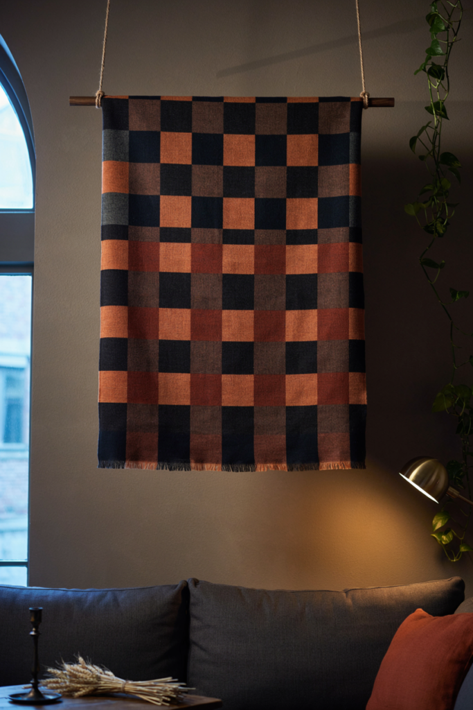 Charcoal and rust plaid wool throw hung from a wooden rod on a gray wall above a sofa